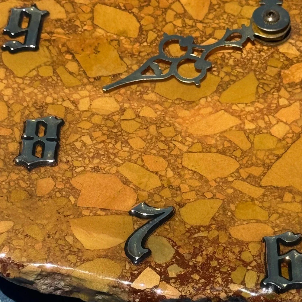 Vintage Natural Stone Slab Wall Clock Jasper Breccia Gothic Numerals 1990s Art